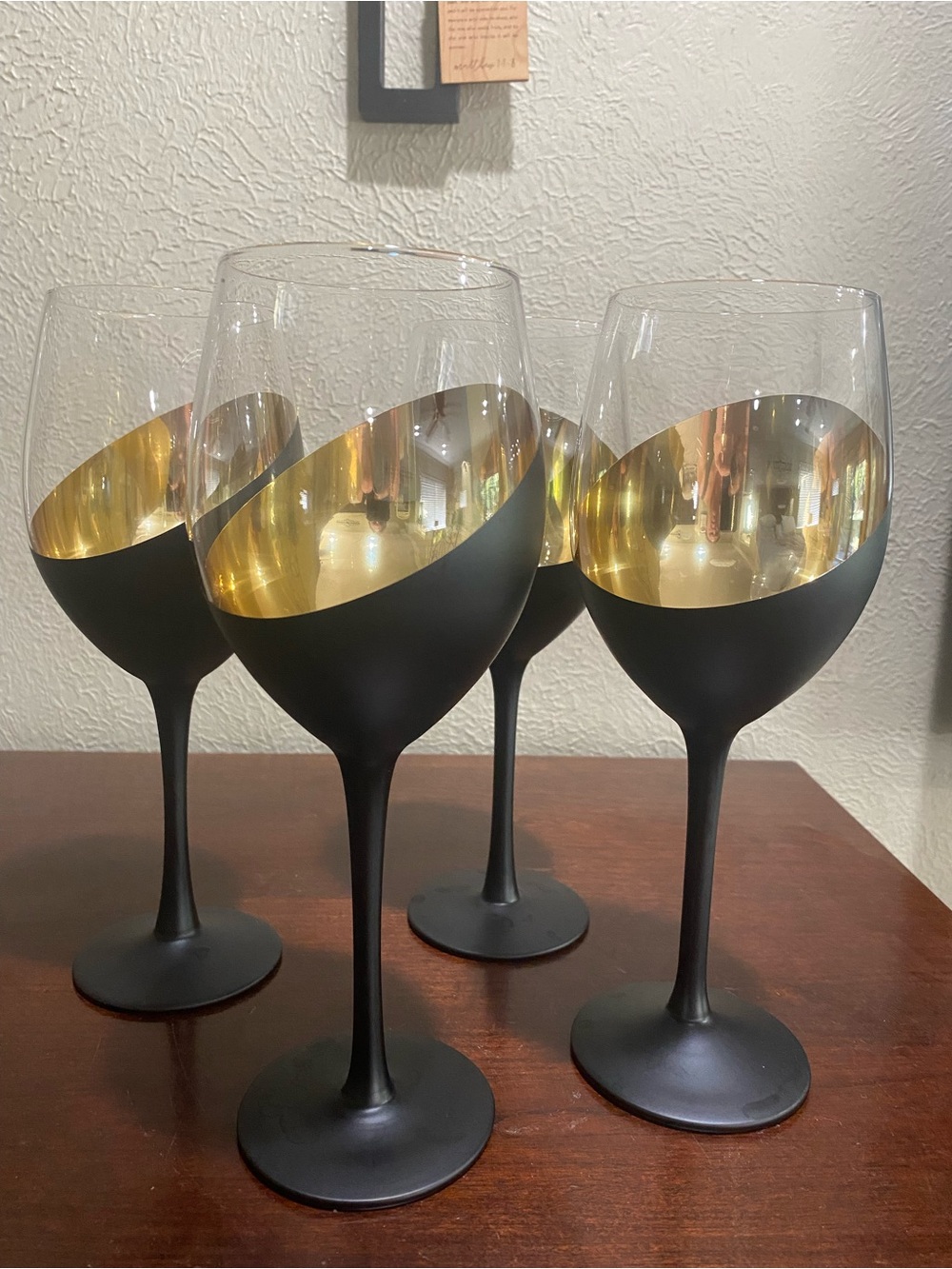 Set of 4, Modern Wine Glasses w/ a Slanted Black Exterior and a Gold Interior